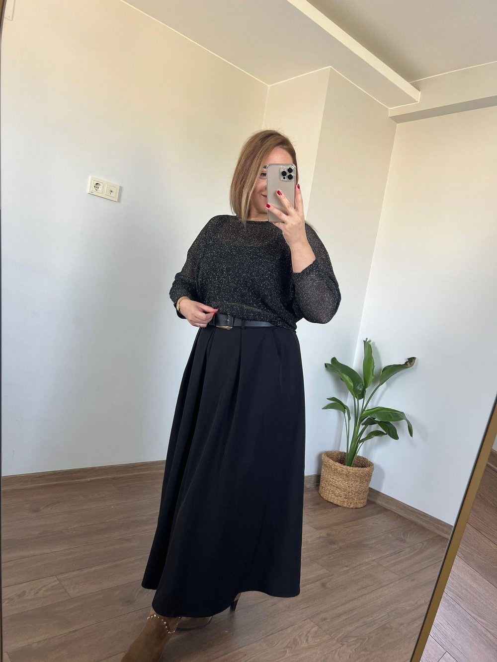 Poli Viskon Kemerli Etek (Siyah)