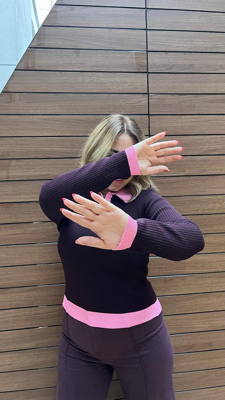 Polo Yaka Triko Kazak (Mor-pembe)