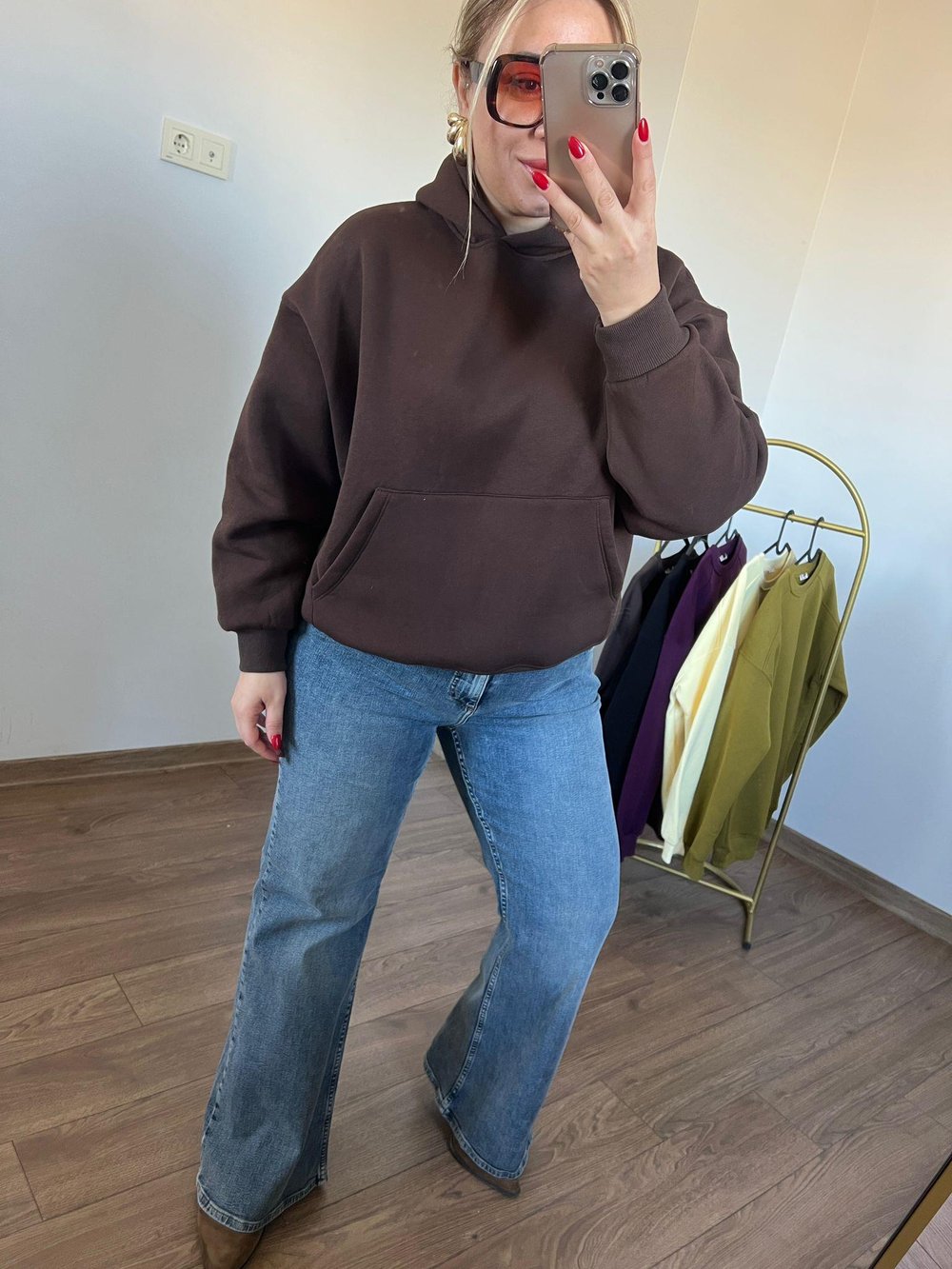 Üç İplik Kapişonlu Sweatshirt (Kahve) 