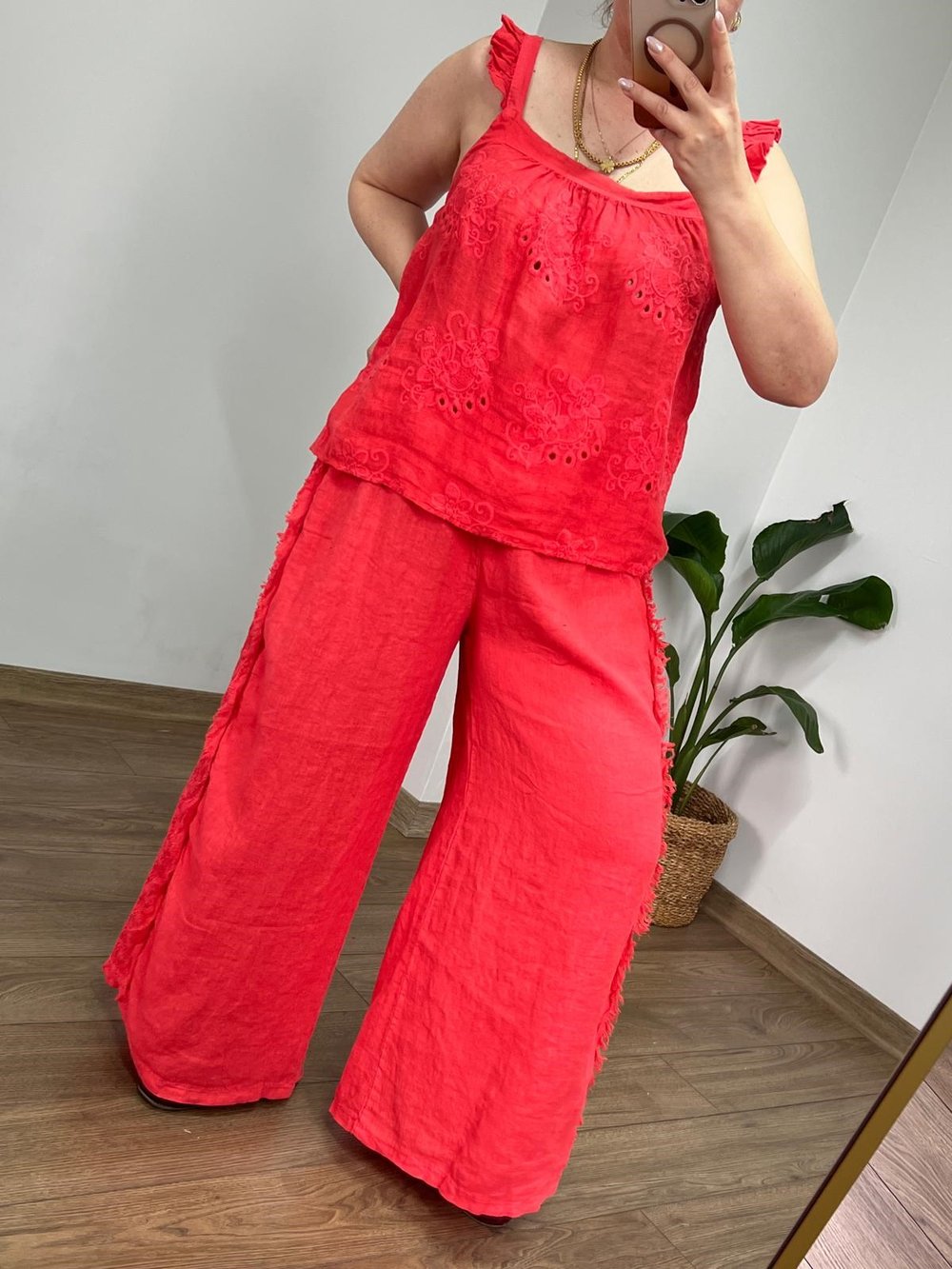 Yanları Detaylı İtalyan Keten Pantolon (Narçiçeği)