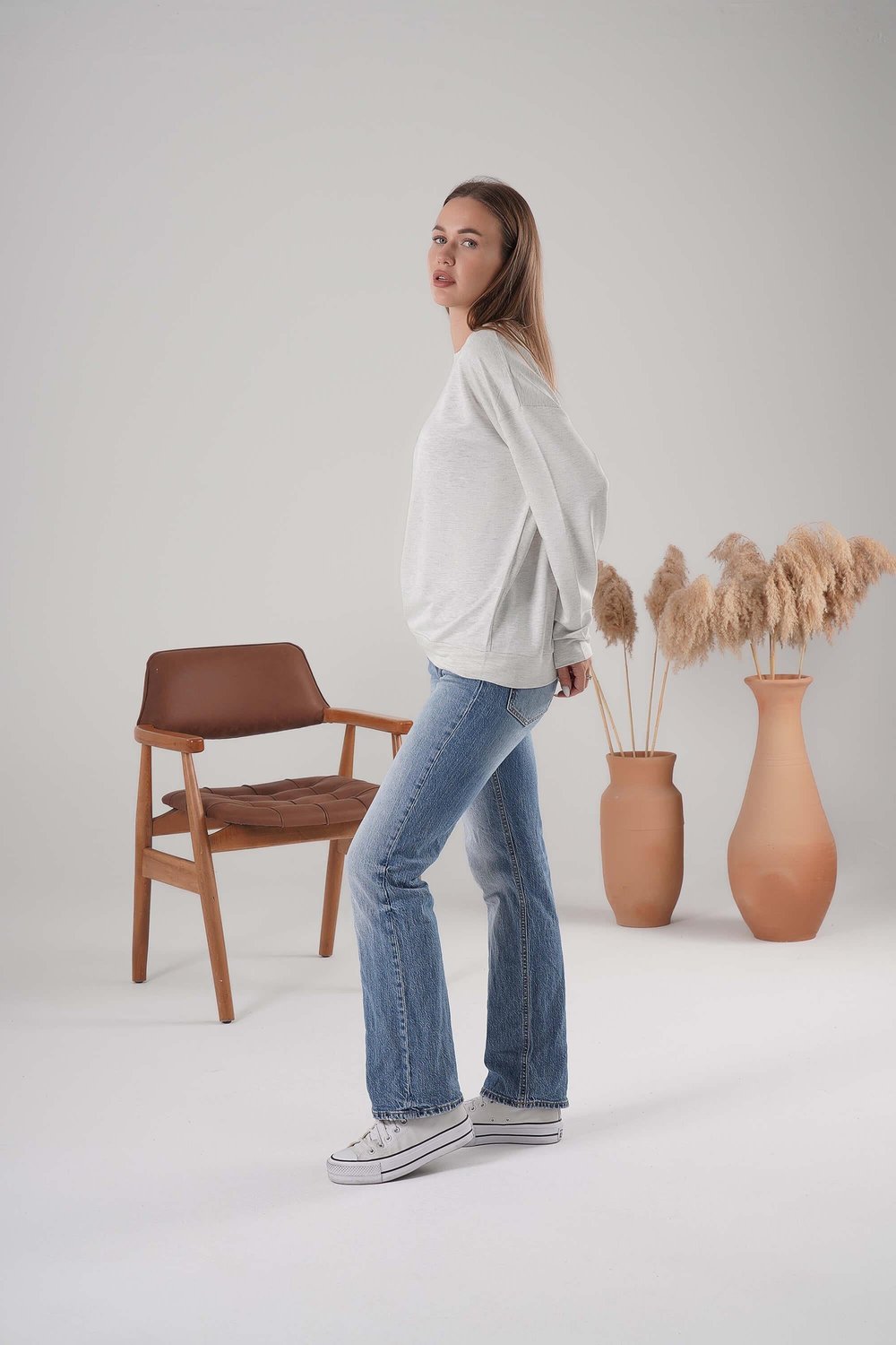 İki İplik Bisiklet Yaka Owersize Sweatshirt