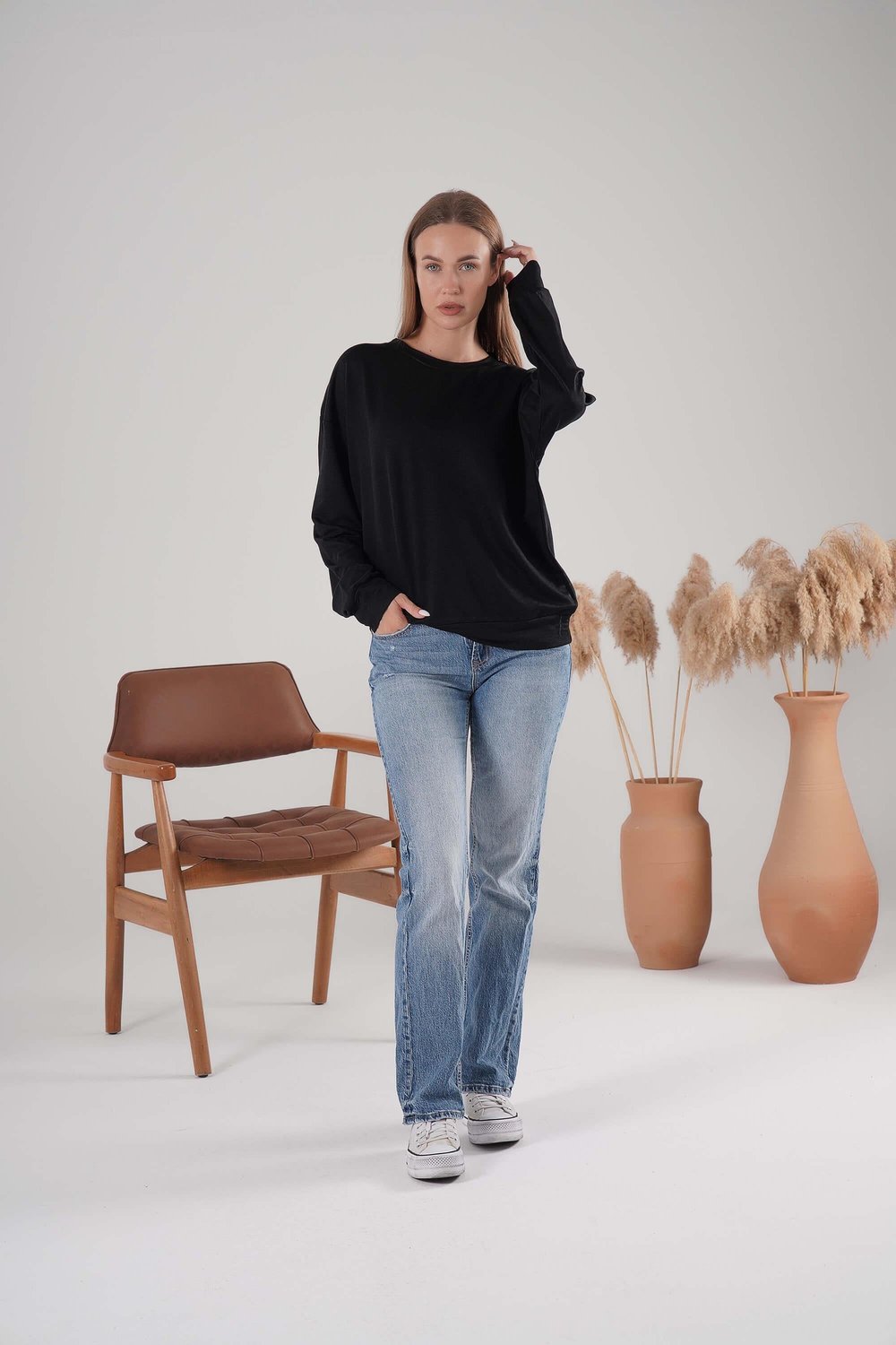 İki İplik Bisiklet Yaka Owersize Sweatshirt