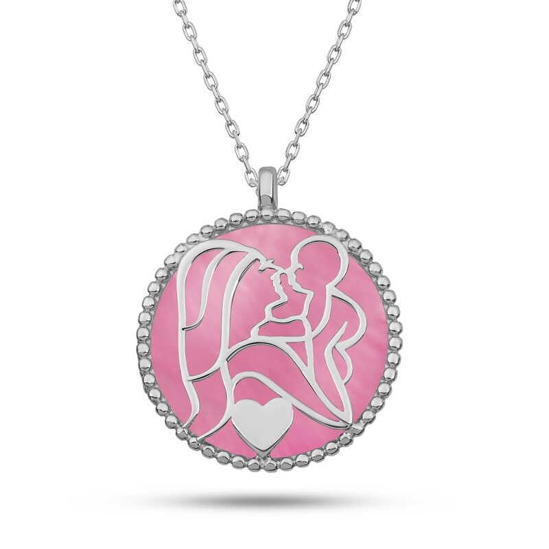 Gümüş Pembe Sedef Taşlı Anne Çocuk Sevgisi Kolye