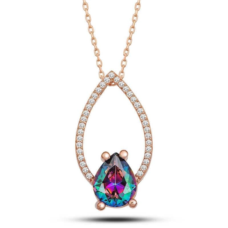 Gümüş Rose Mistik Topaz Taşlı Damla Kadın Kolye