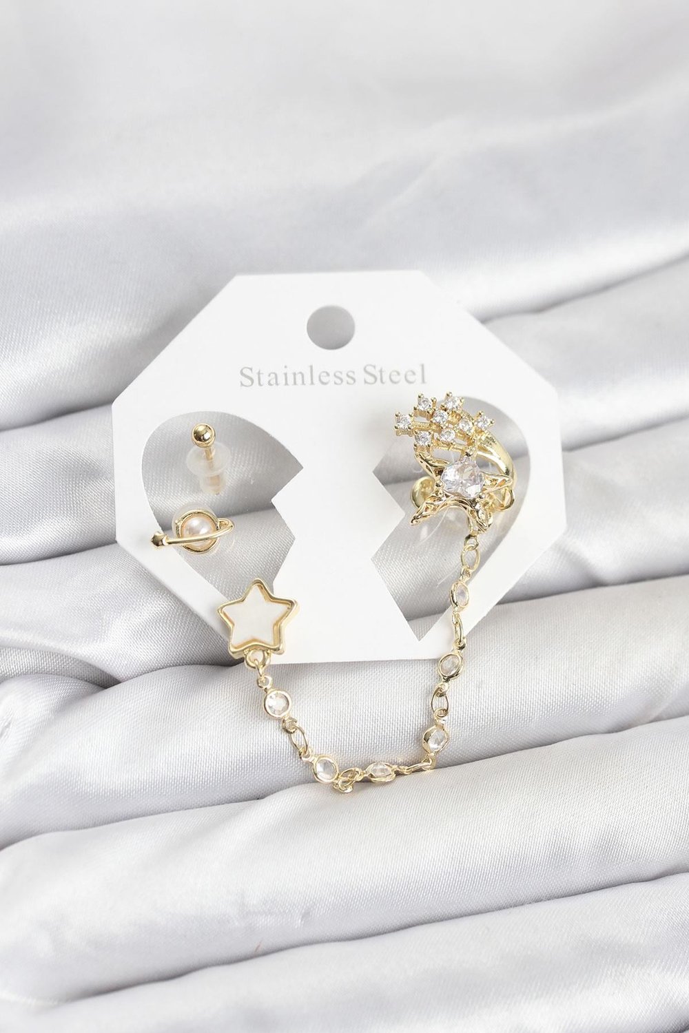 Pirinç Gold Renk Yıldız Model Zincir Bağlantılı Ear Cuff Küpe Seti