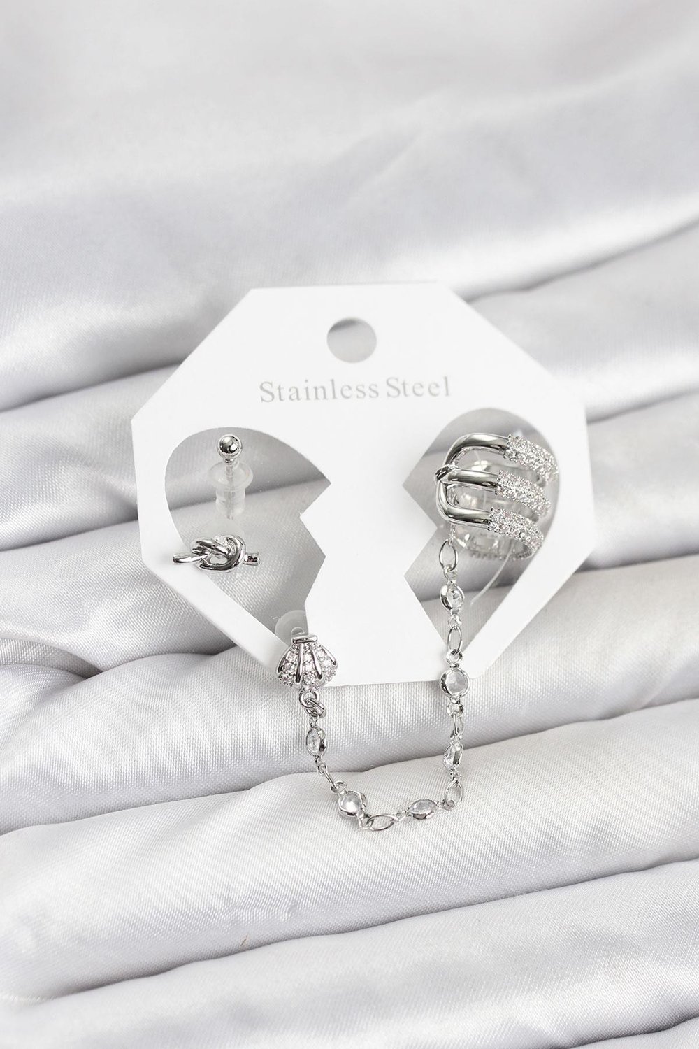 Pirinç Gümüş Renk Sarmal Model Zincir Bağlantılı Ear Cuff Küpe Seti