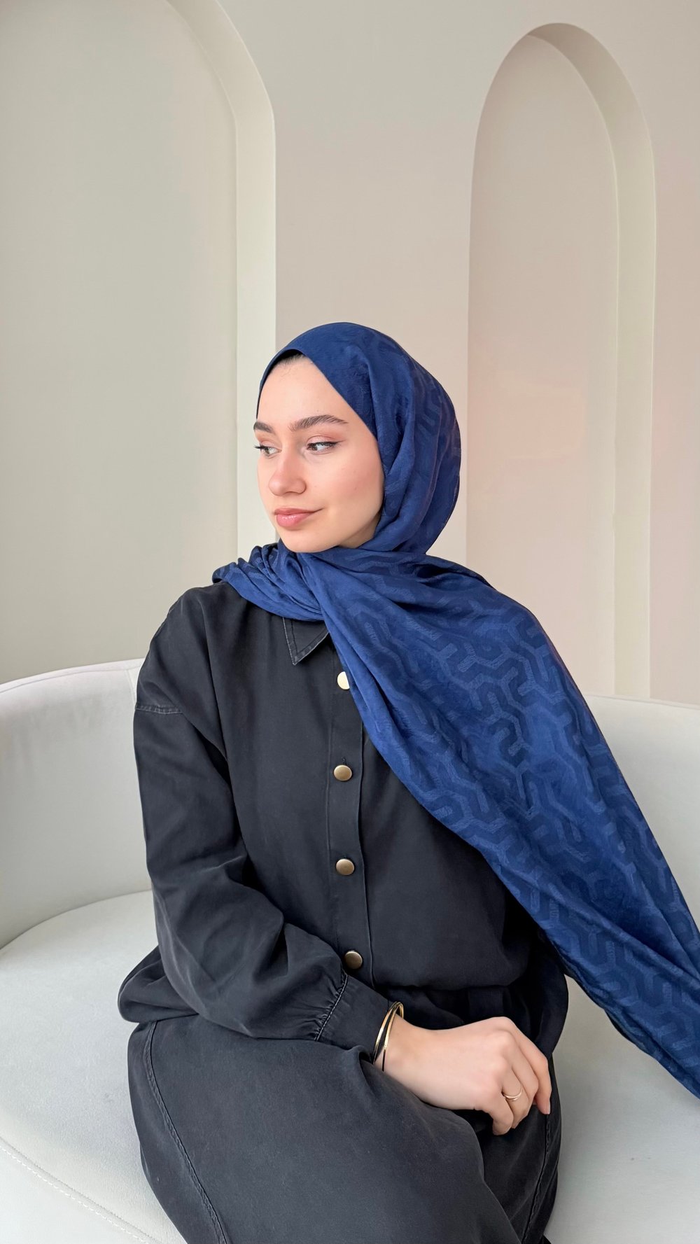 Elsa Shine İpeksi Pamuk Jakar Şal - Açık Lacivert