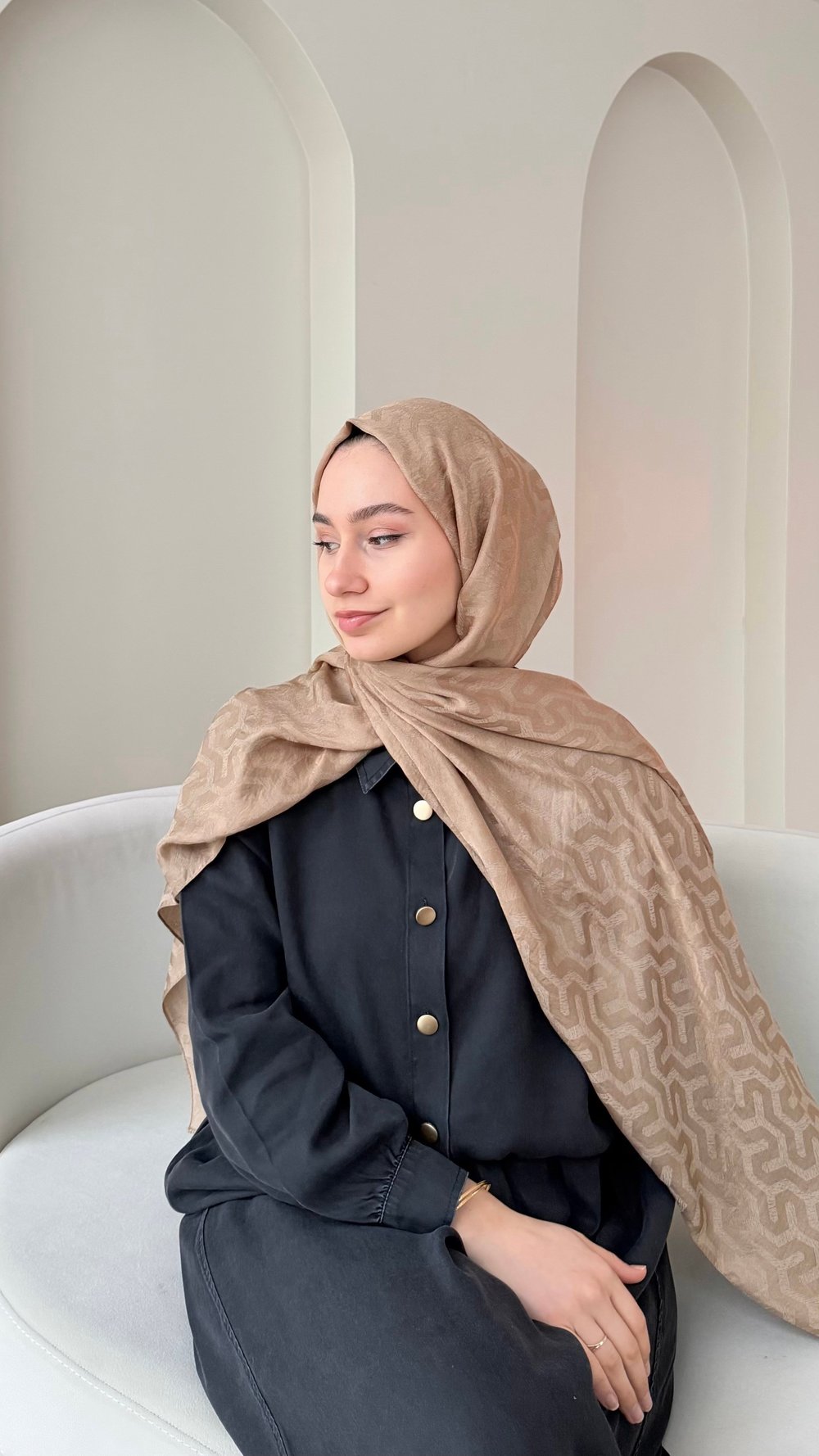 Elsa Shine İpeksi Pamuk Jakar Şal - Camel