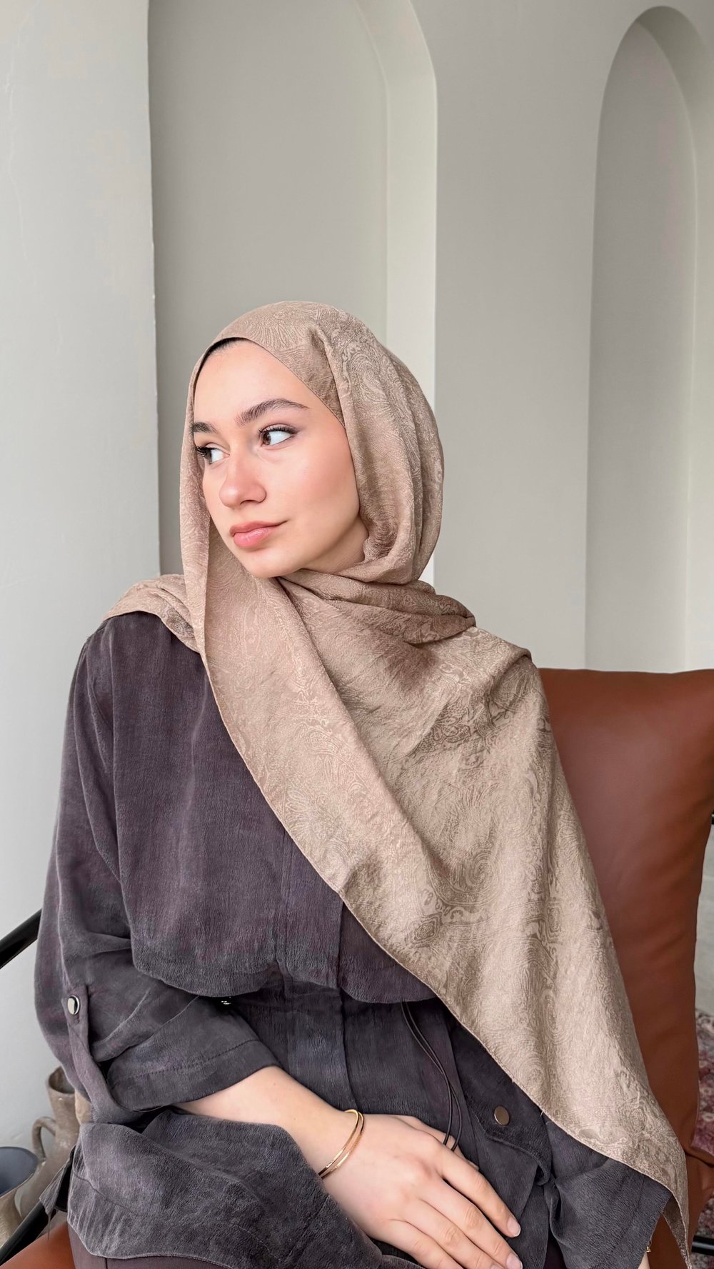 Etnik İpeksi Pamuk Jakar Şal - Camel