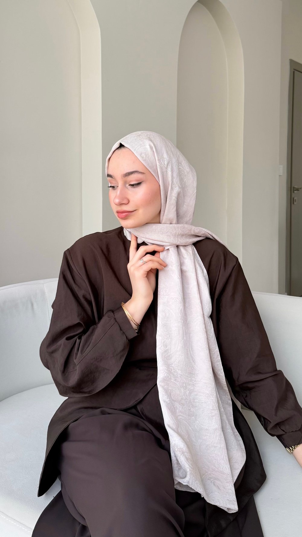 Etnika İpeksi Pamuk Jakar Şal - Pudra