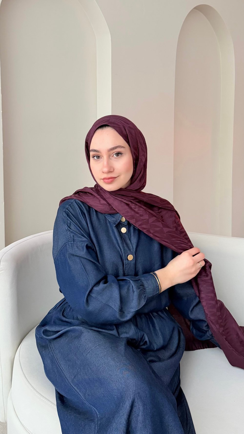 Feriha İpeksi Pamuk Jakar Şal - Mürdüm