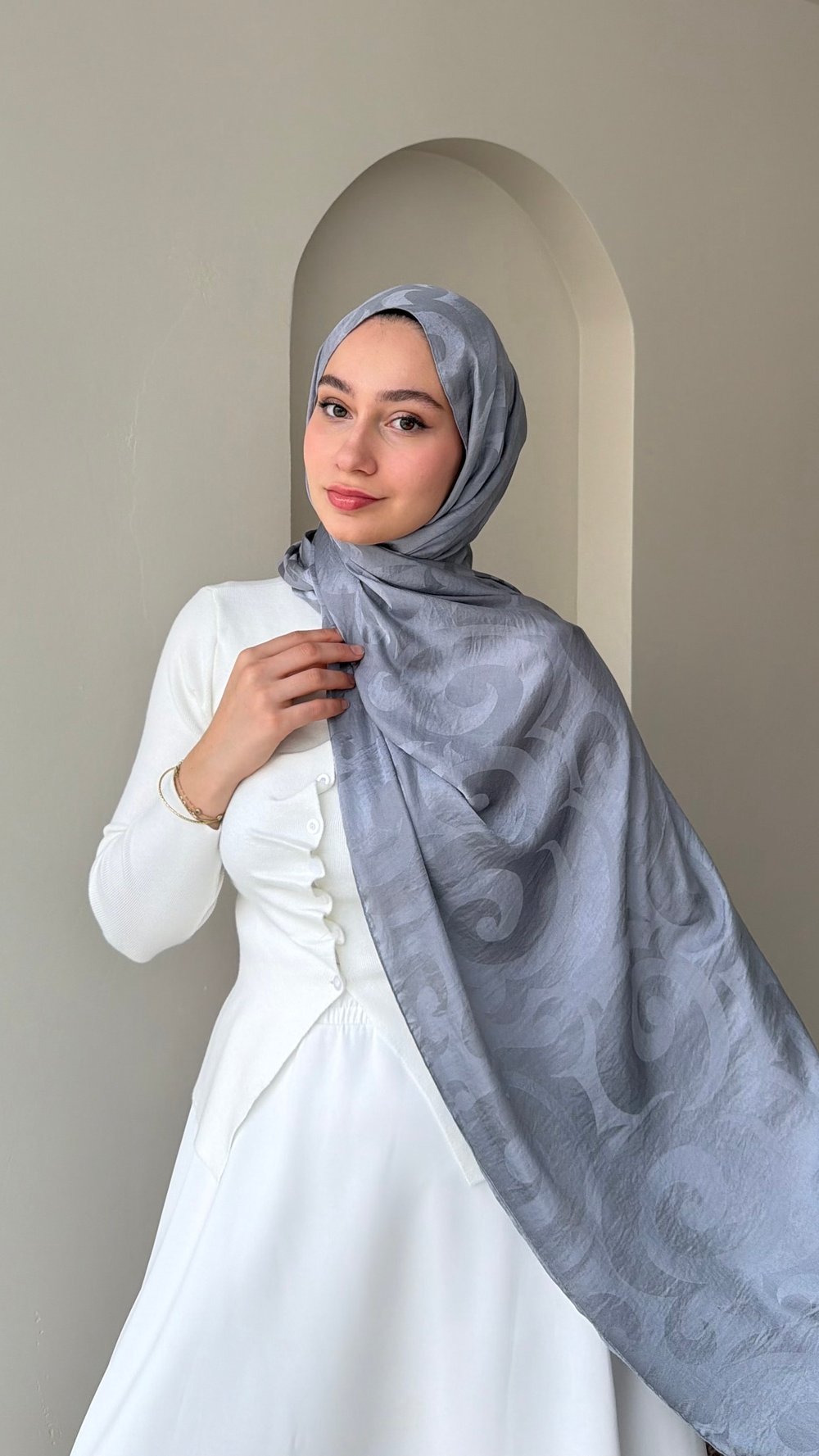 Lavenya İpeksi Pamuk Jakar Şal - Blue Gri
