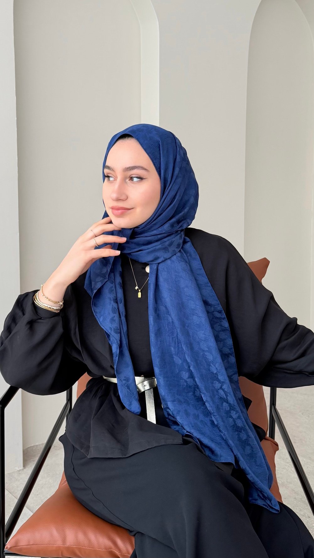 Liza İpeksi Pamuk Jakar Şal - Açık Lacivert