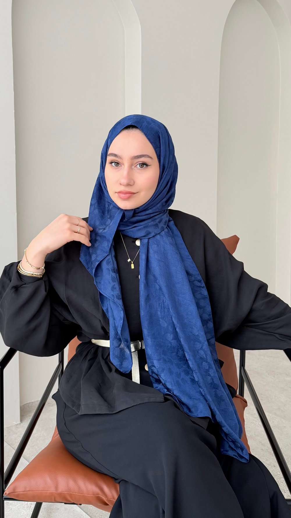 Liza İpeksi Pamuk Jakar Şal - Açık Lacivert