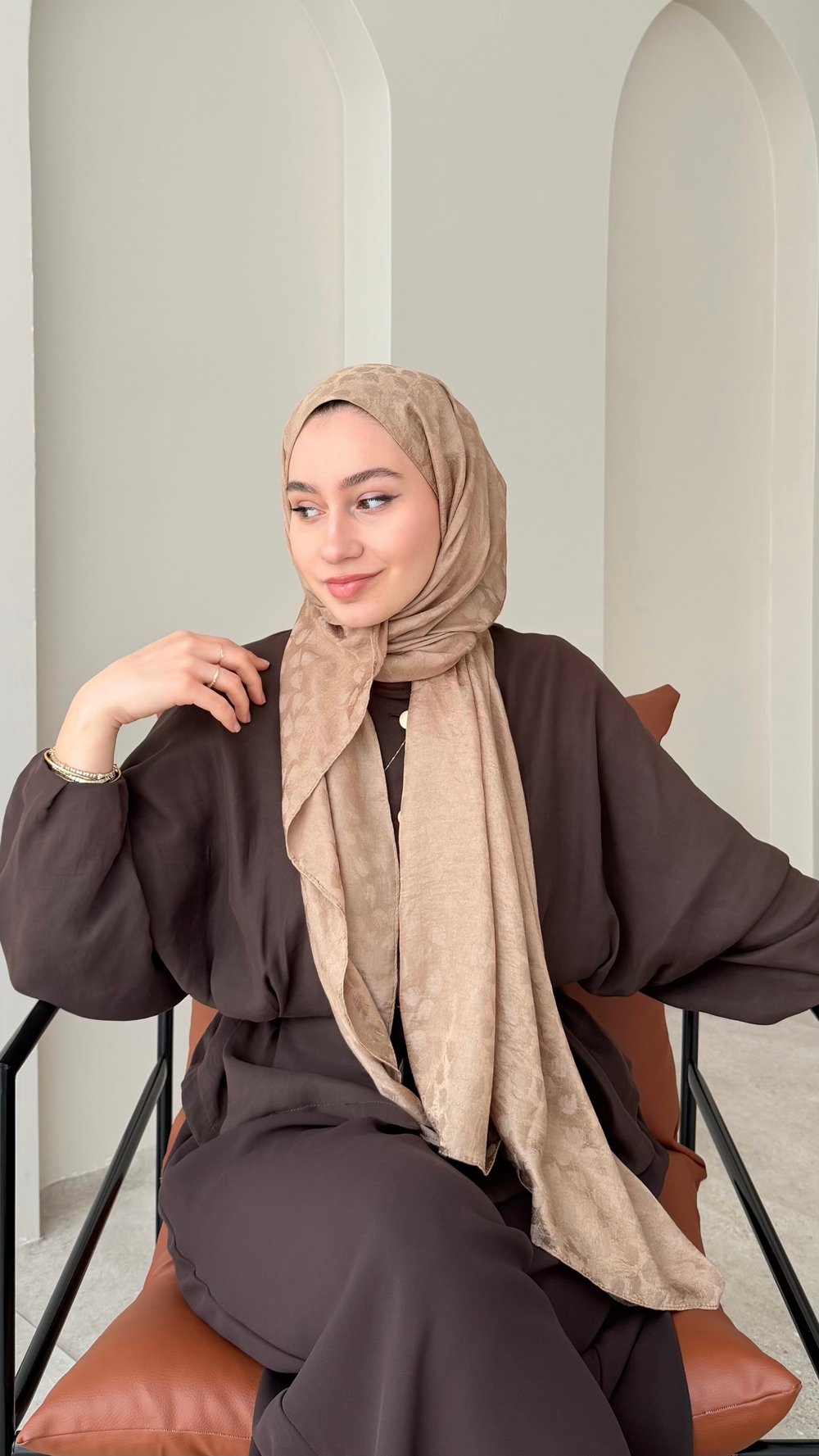Liza İpeksi Pamuk Jakar Şal - Camel