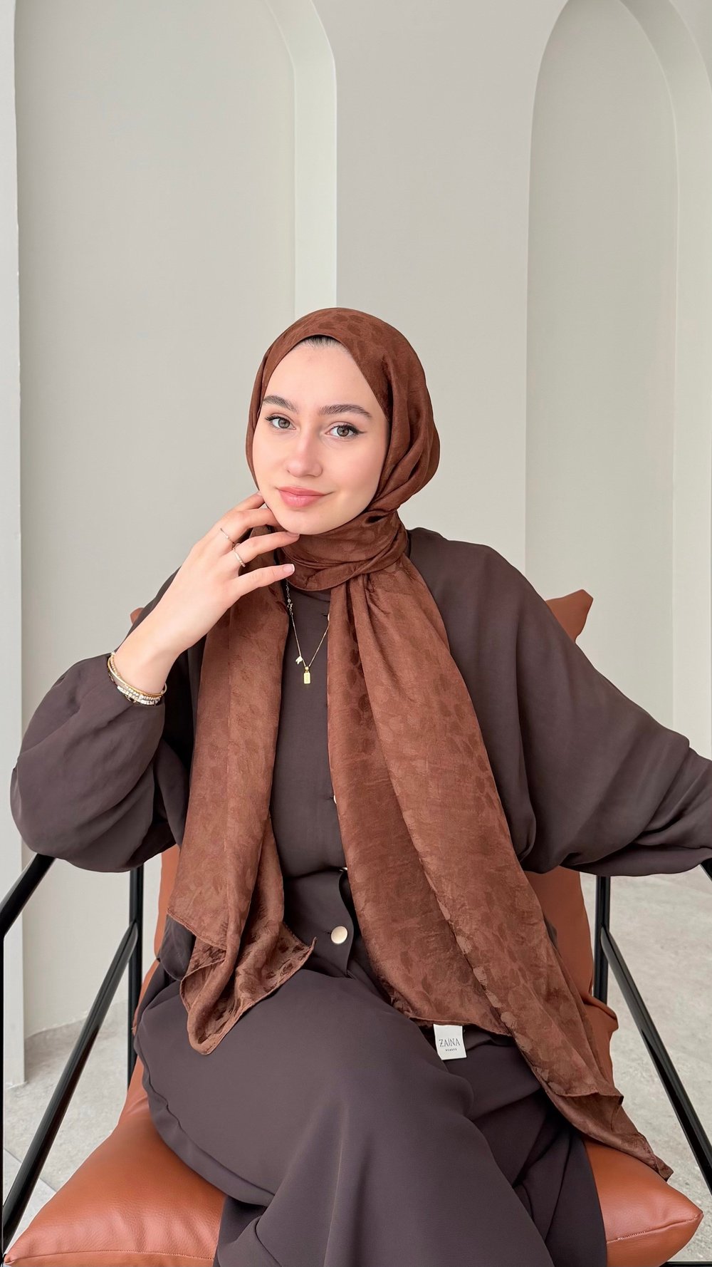 Liza İpeksi Pamuk Jakar Şal - Kahve