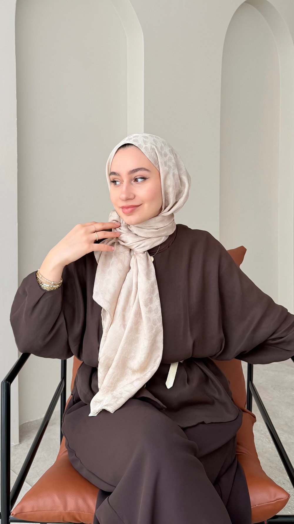 Liza İpeksi Pamuk Jakar Şal - Koyu Bej