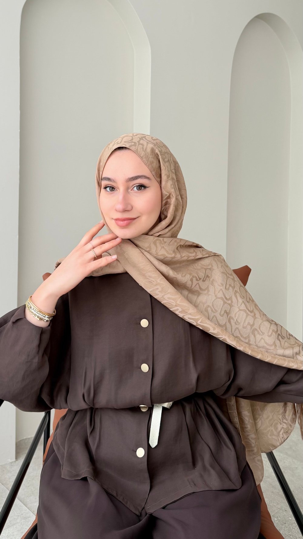 Mona İpeksi Pamuk Jakar Şal - Camel