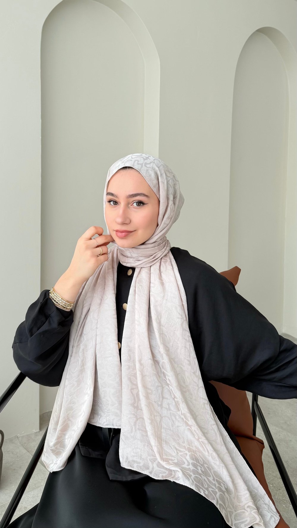 Mona İpeksi Pamuk Jakar Şal - Pudra