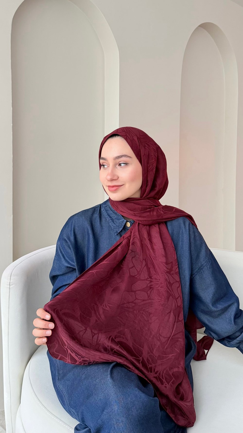 Moon Shine İpeksi Pamuk Jakar Şal - Bordo