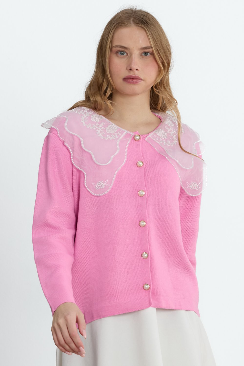 Pembe Isabel Güpür Yaka Triko Hırka