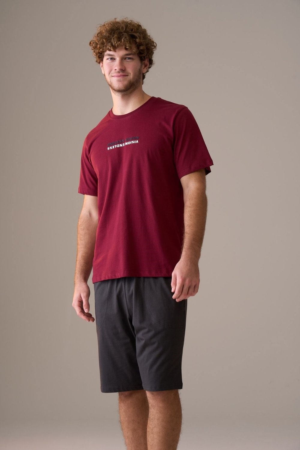 Erkek Kısa Kol %100 Pamuk Şortlu Pijama Takımı Bordo
