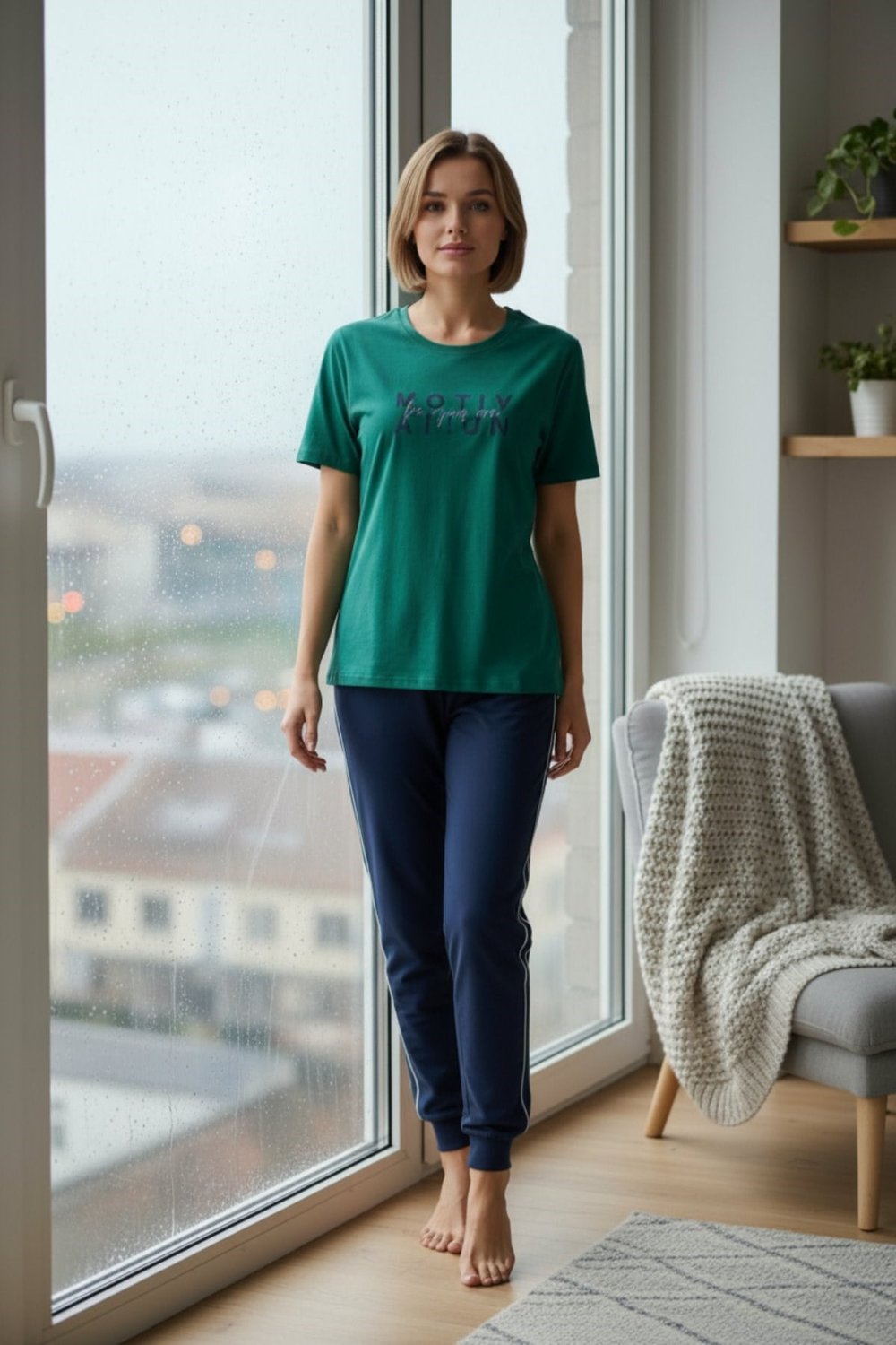 Kadın Kısa Kollu %100 Pamuk Pijama Takımı Yeşil