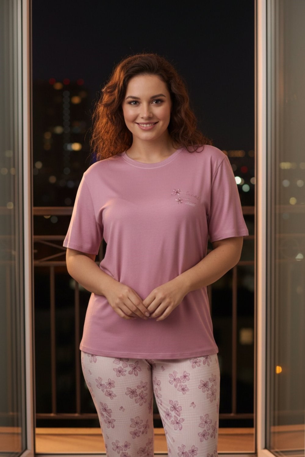 Kadın Kısa Kollu Likralı Büyük Beden Pijama Takımı Gül Kurusu