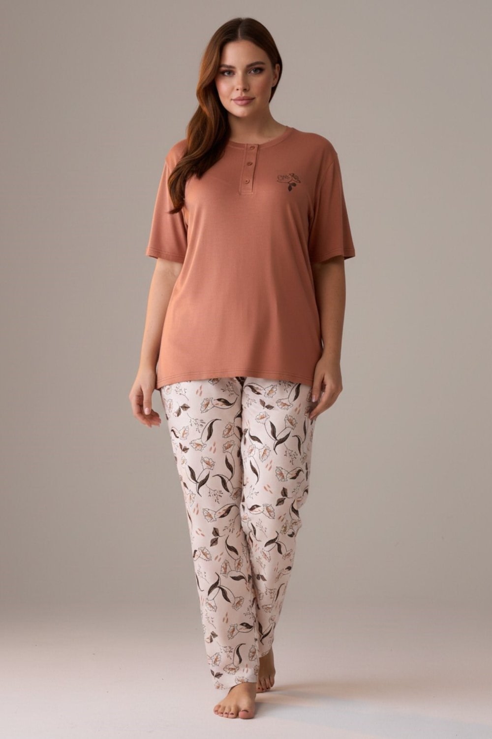 Kadın Kısa Kollu Likralı Büyük Beden Pijama Takımı Kiremit