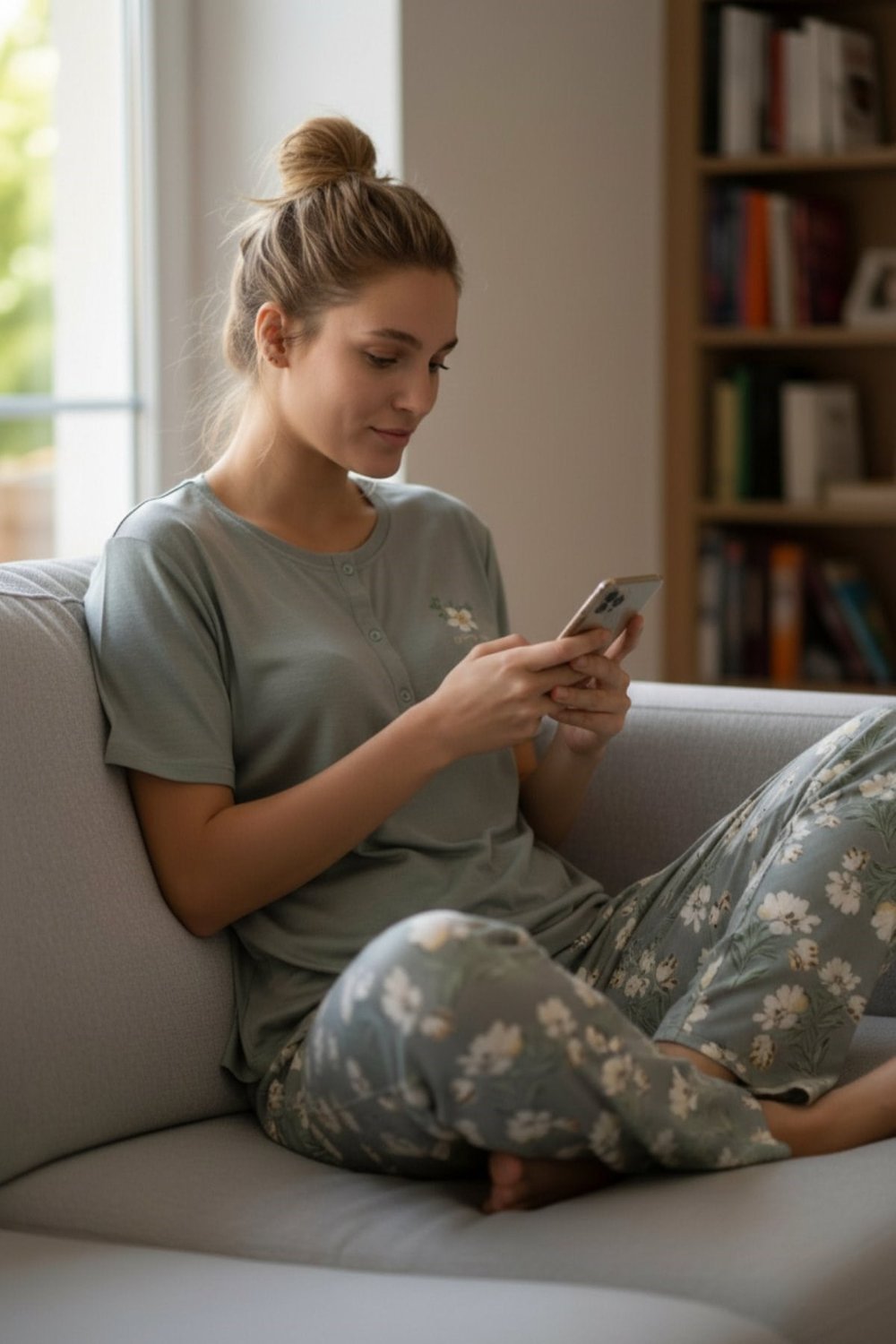 Kadın Kısa Kollu Likralı Düğmeli Yaka Pijama Takımı Yeşil