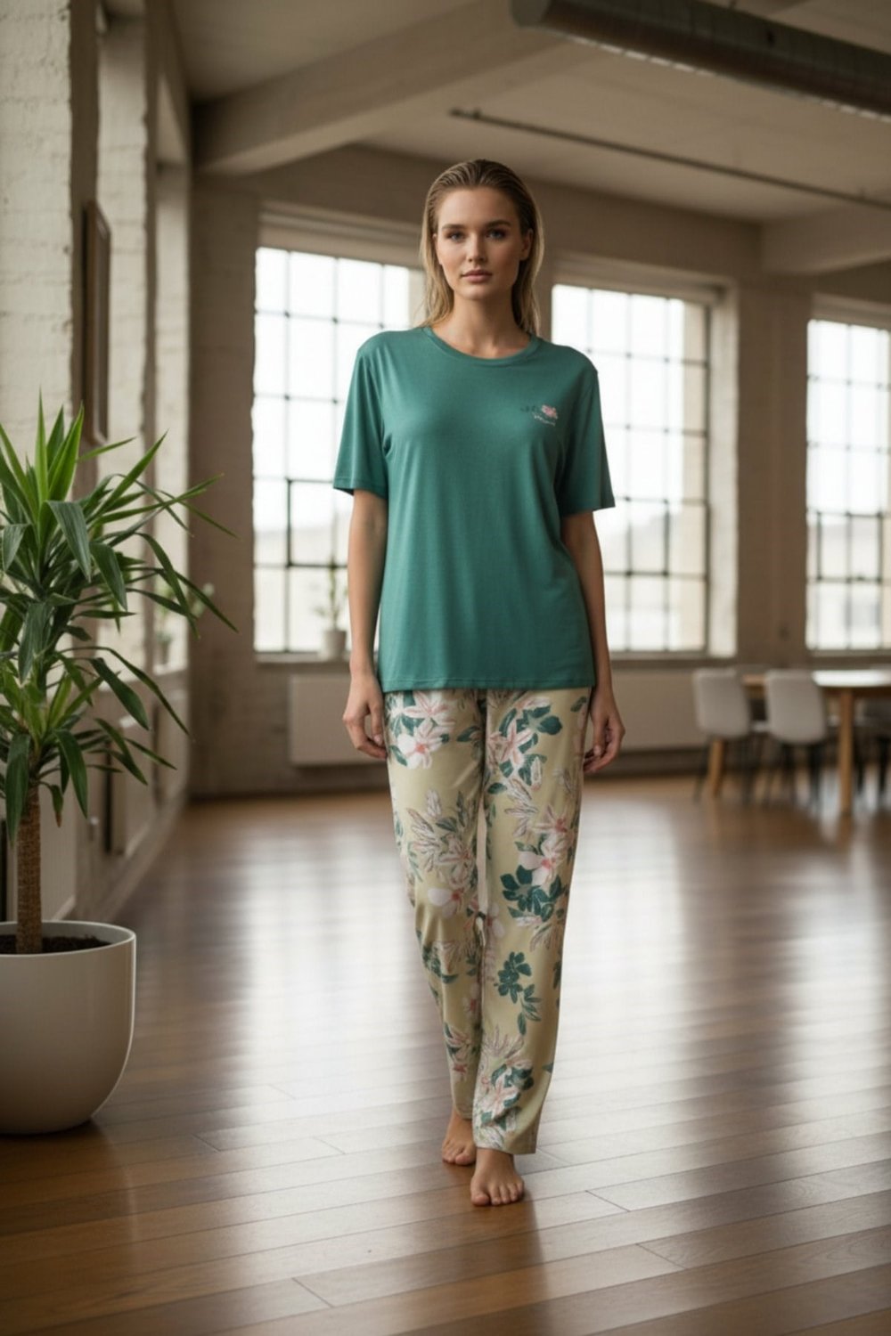 Kadın Kısa Kollu Likralı Pijama Takımı Yeşil