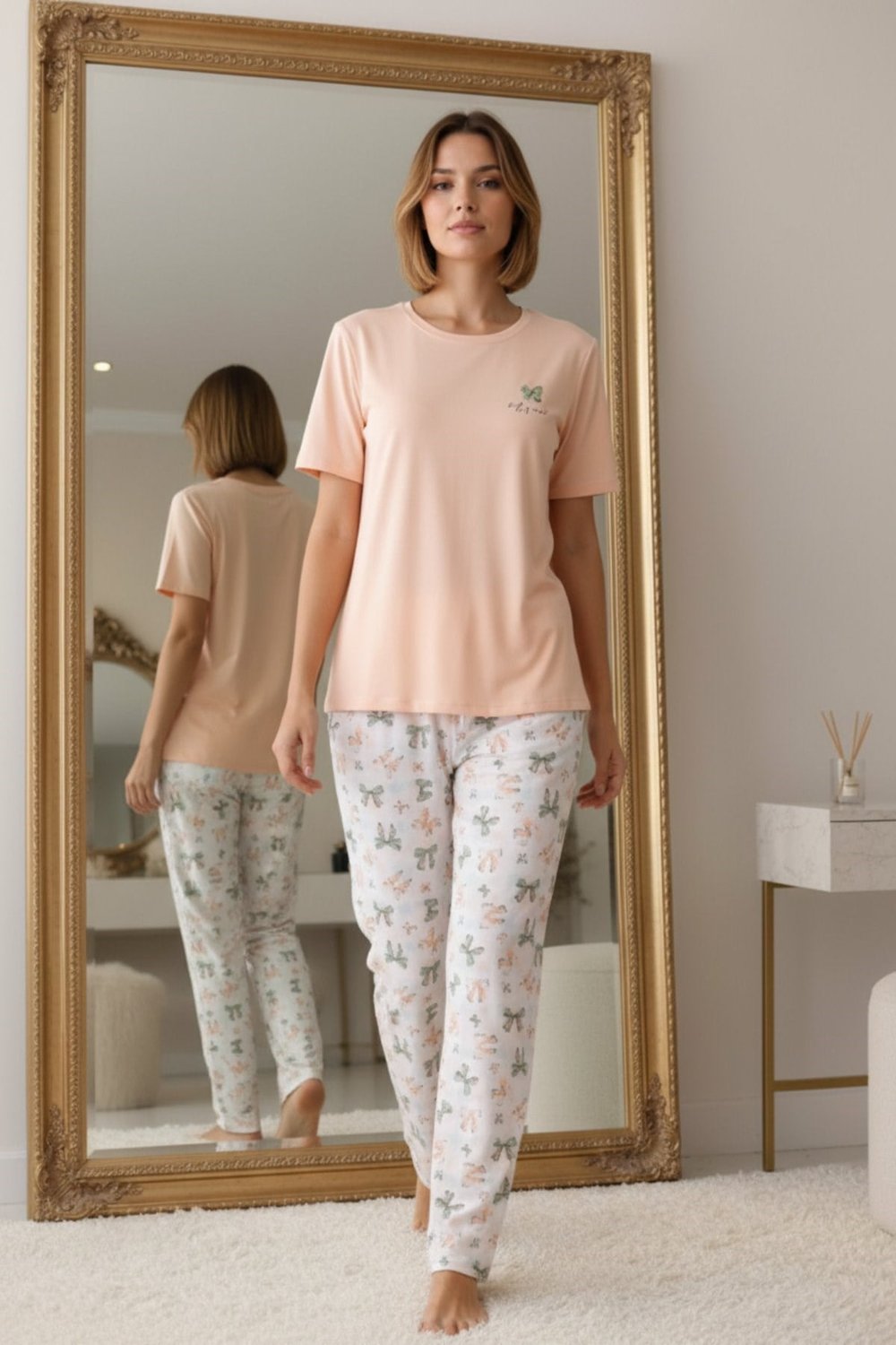 Kadın Kısa Kollu Likralı Pijama Takımı Somon