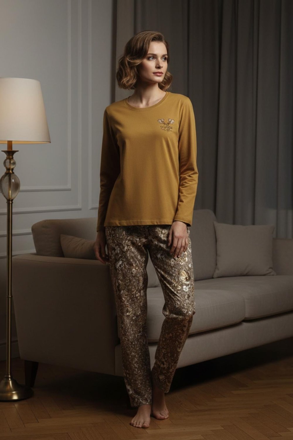 Premium %100 Pamuk Kadın Uzun Kol Pijama Takımı Hardal