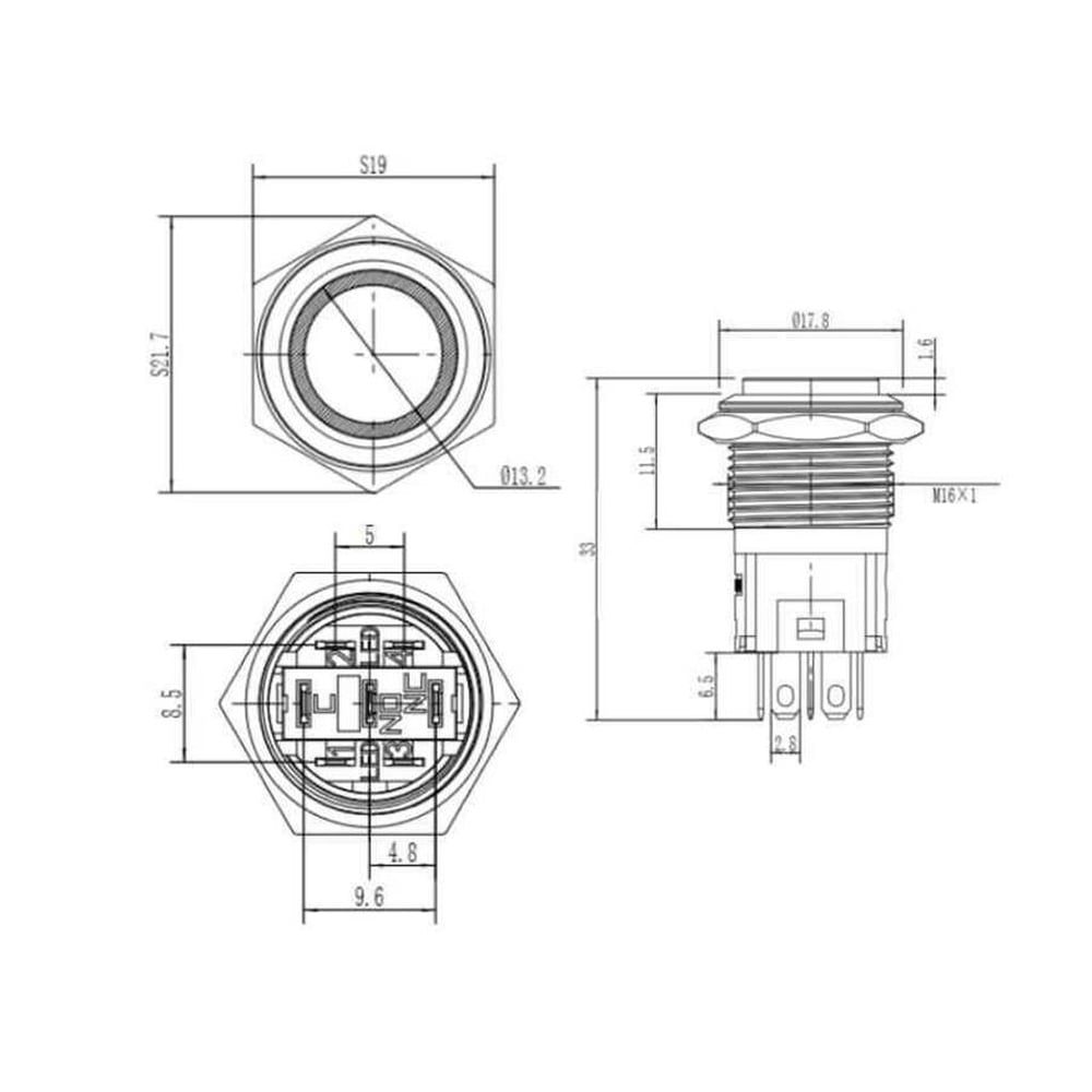 16A-G1-E 16mm Çıkık Yaylı Kırmızı Işıklı Metal Buton