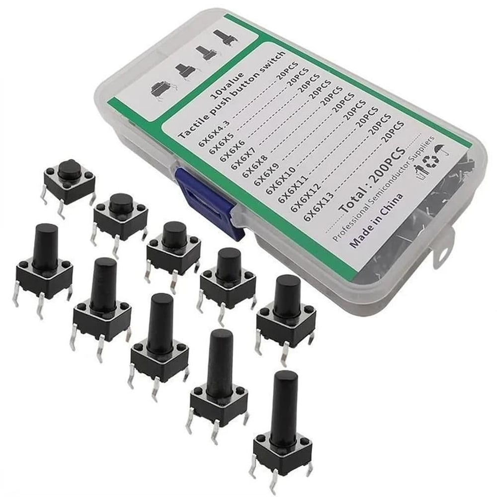 200 Parça 10 Çeşit Push Button Seti-Tact Switch-6x6 Dip Kılıf-Plastik Kutulu