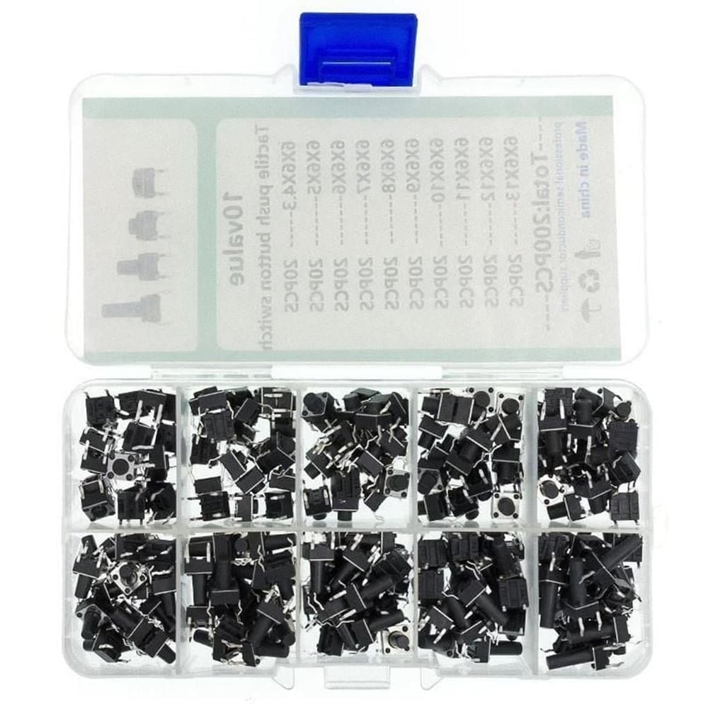 200 Parça 10 Çeşit Push Button Seti-Tact Switch-6x6 Dip Kılıf-Plastik Kutulu
