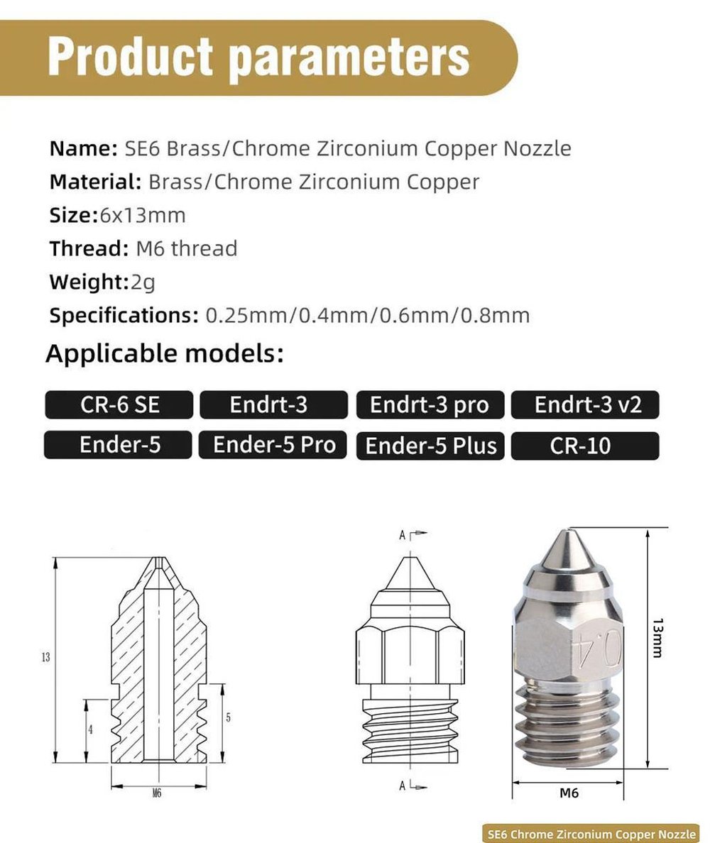 Creality Cr-6 SE-Max-Ender 3 S1 Uyumlu Krom Zirkonyum Bakır Nozzle 500°C(0.4mm)