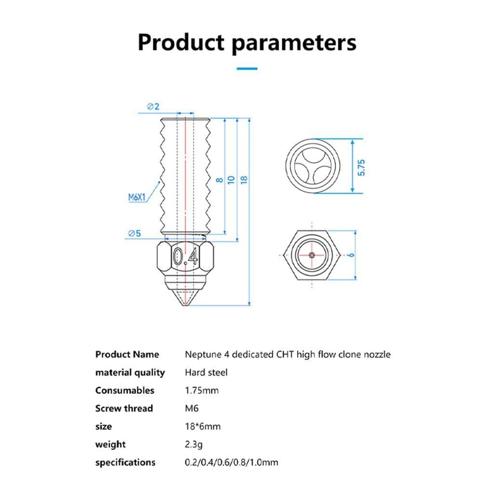 Elegoo Neptune 4-4 Pro Sertleştirilmiş CHT Çelik Nozzle 500°C(0.6mm)