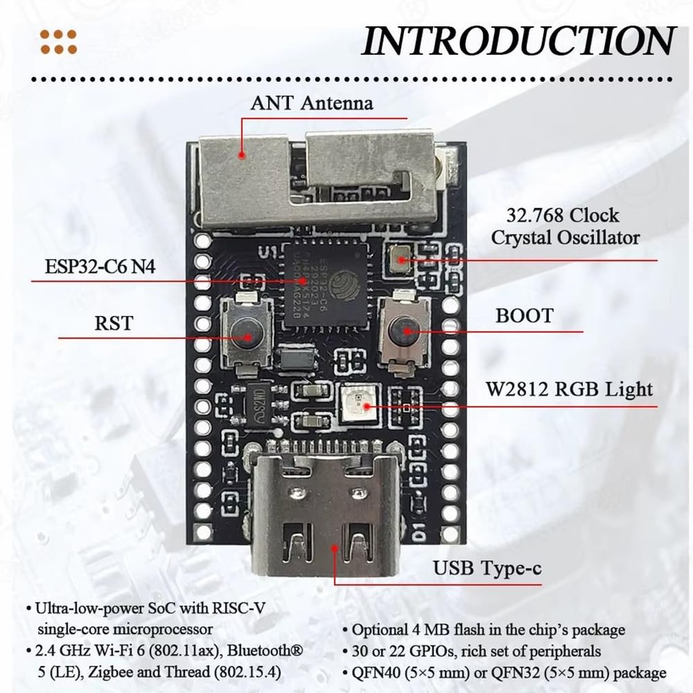 ESP32-C6 N4 WiFi Bluetooth Kartı