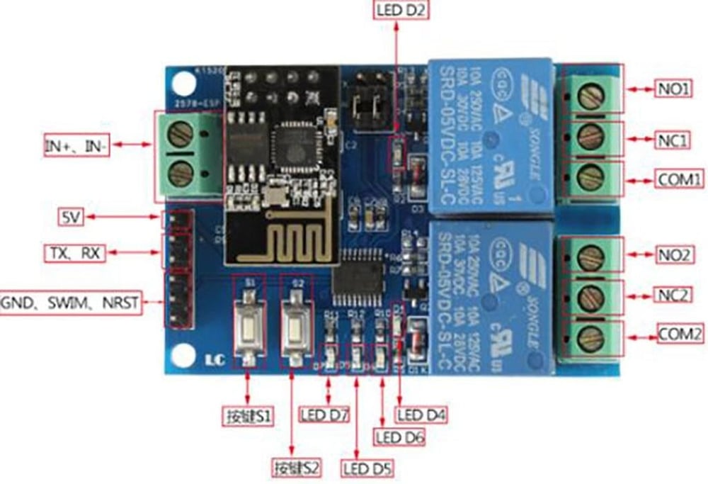 ESP8266 ESP-01S 12V 2Kanal Wifi Röle Modülü-ESP8266 Dahil