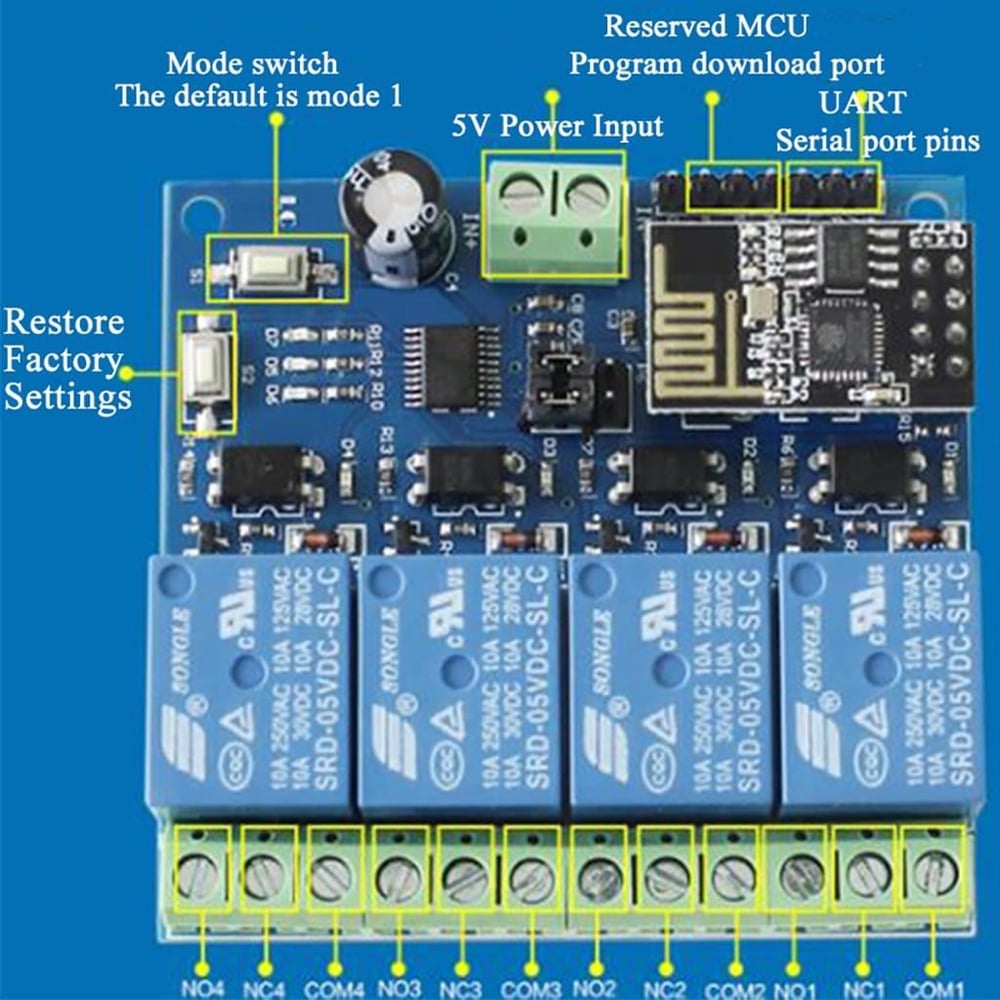 ESP8266 ESP-01S 5V 4Kanal Wifi Röle Modülü-ESP8266 Dahil