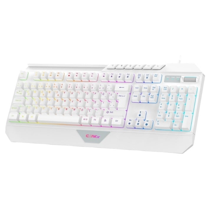 Claw's Nexus K1 RGB & Makro Yazılımlı Full Membran 104 Tuşlu Ekstra Multimedya / Rollover Ses Kontrol Mekanizmalı & Claw's Reflex Örgü Kablolu Gaming Klavye - Beyaz (11 Farklı RGB Efektli)