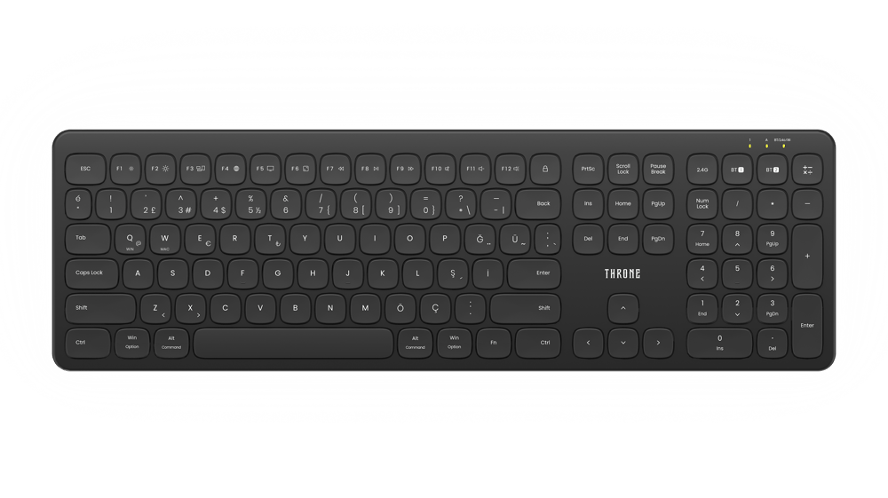Throne Elite Aero Kablosuz Klavye - Akıllı Otomatik Sistem Tanımalı, Multi-Device Hibrit Dönüşümlü (2.4GHz + Çift Bluetooth), Dahili Hesap Makinesi Kısayollu Tam Boy Profesyonel Ofis Klavyesi   