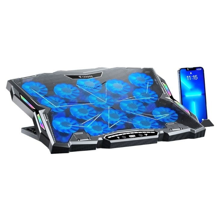 Throne Frost GT15 15x Turbo LED Fan - 10 Modlu RGB - LCD Ekran - Ayarlabilir Fan Hızı & 9 Farklı Stand Yükseklik Kademesi – 2x USB - Metal Mesh Zemin Notebook Soğutucu - Siyah (9