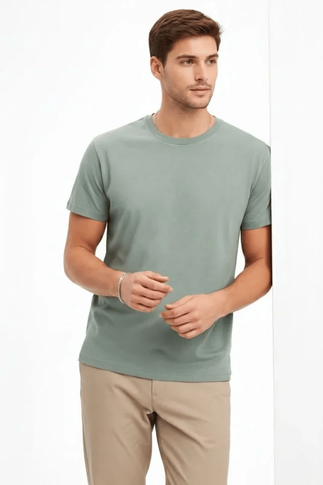 Erkek Bisiklet Yaka Tişört Regular Kalıp Basic Pamuklu Günlük Kullanım T-shirt - Mint Yeşili