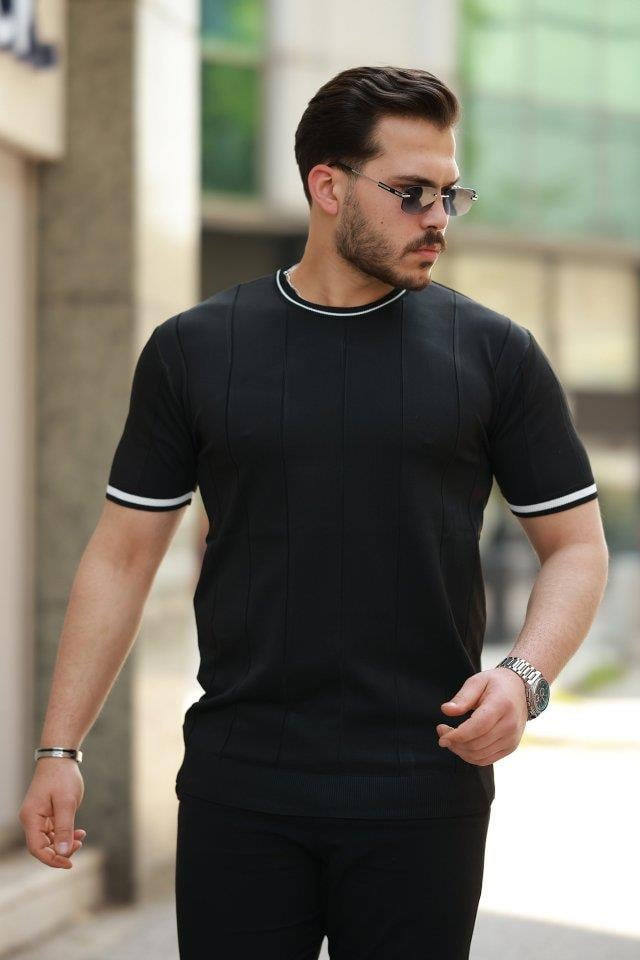Erkek Bisiklet Yaka çizgi Desenli Ribanalı Kısa Kollu Tshirt