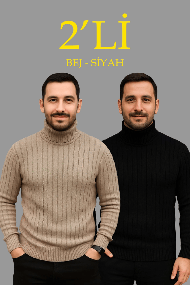 Erkek Fitilli Triko Kazak 2li Set Bej Siyah Regular Balıkcı Yaka Tam Boğazlı Triko Seti Modeli Kazak