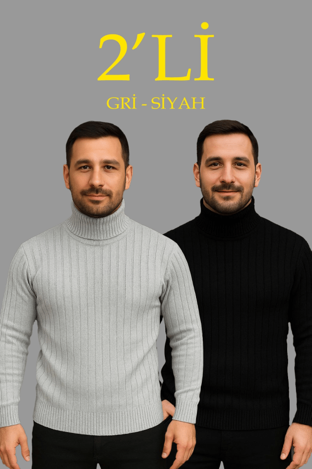 Erkek Fitilli Triko Kazak 2li Set Gri Siyah Regular Balıkcı Yaka Tam Boğazlı Triko Seti Modeli Kazak