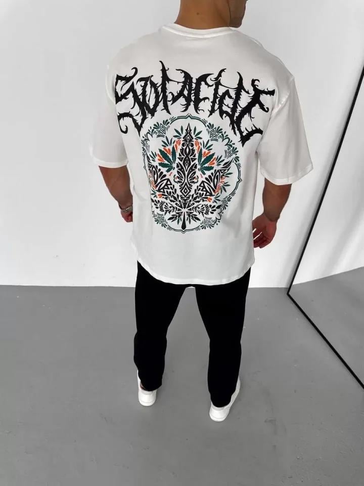 Unisex Bisiklet Yaka Baskılı Oversize T-Shirt - Siyah