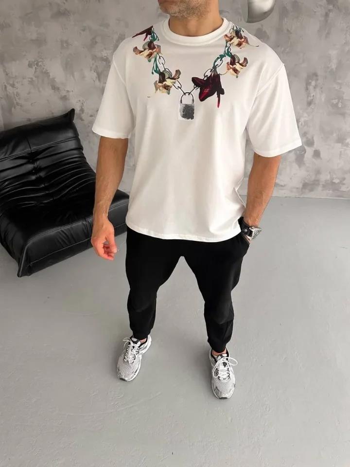 Unisex Bisiklet Yaka Baskılı Oversize T-Shirt - Siyah